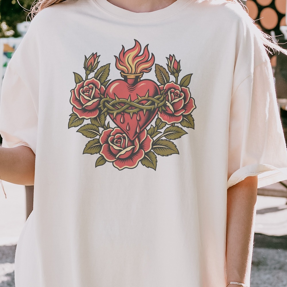 Flaming Heart Wrapped in Thorns and Roses Tee